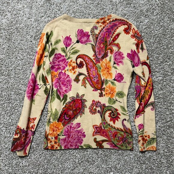 Talbots Petites Womens Sz M Sweater V Neck Floral & Paisley Print Merino Wool - Picture 2 of 7